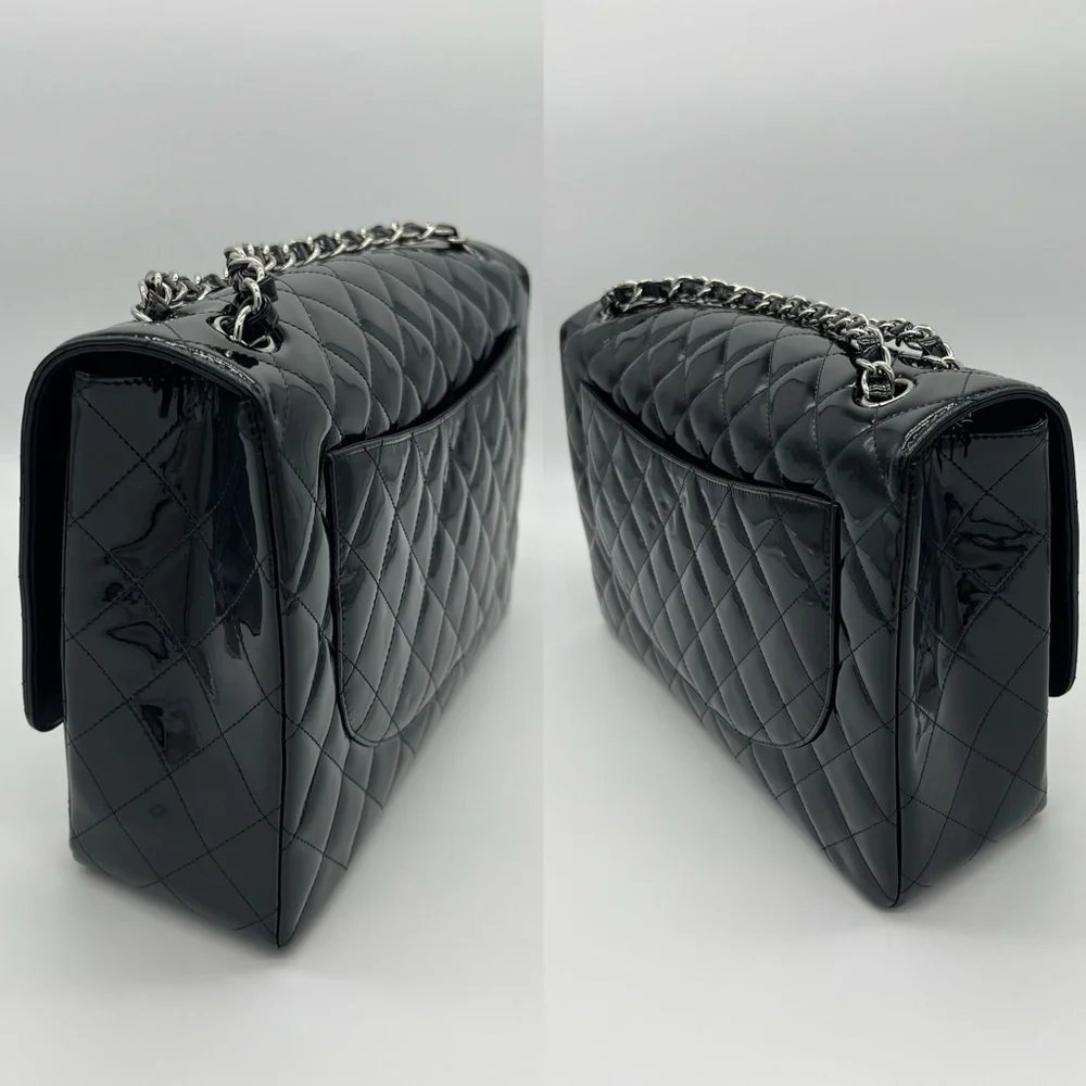 Authentic Chanel Classic Glossy shimmery black Patent leather Maxi single flap - Picture 8 of 17